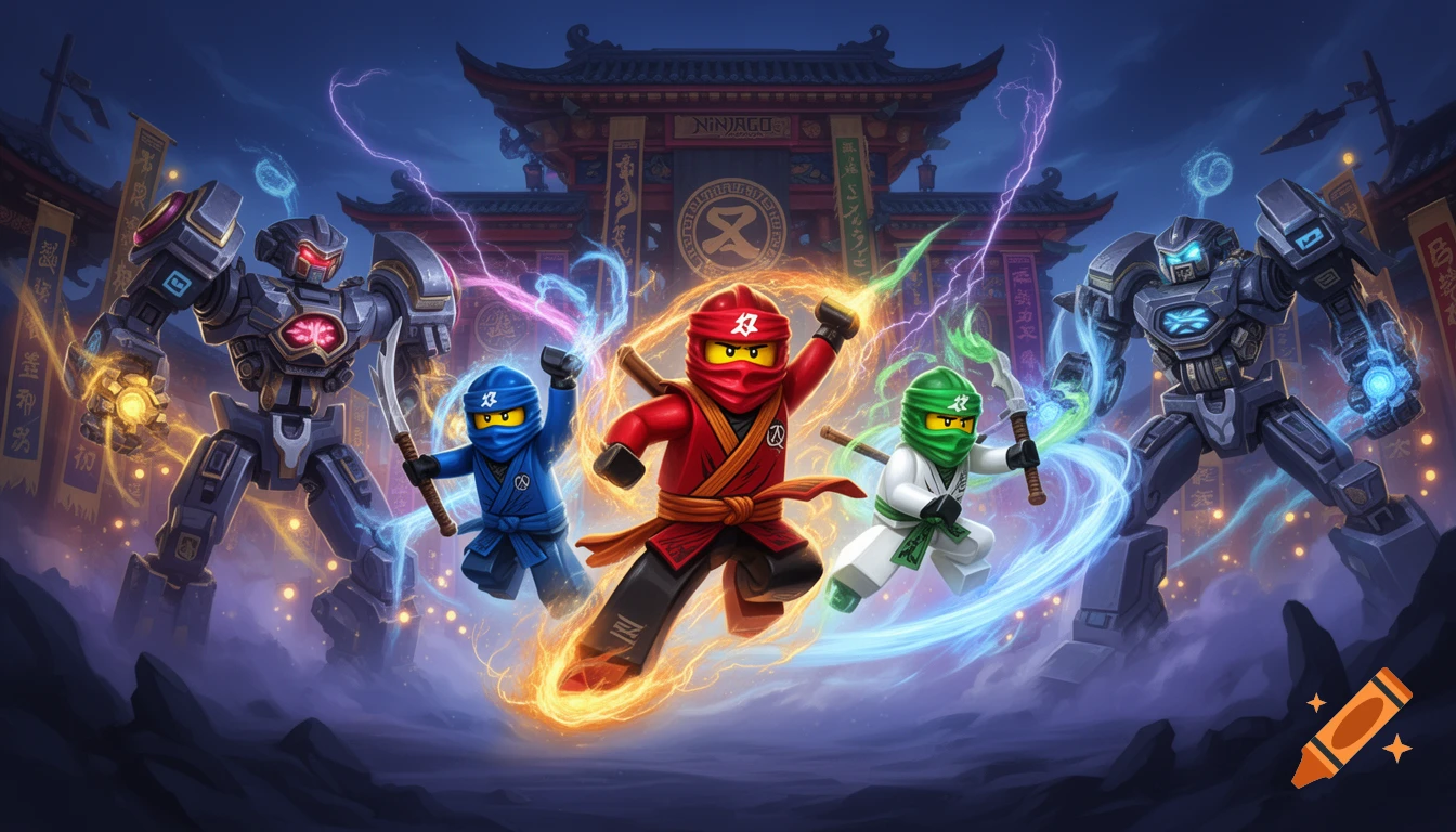 Three Lego Ninjago ninjas (red, blue, green) with glowing energy, flanked by two large mechs, stand before an ornate Asian gate under a dramatic night sky.