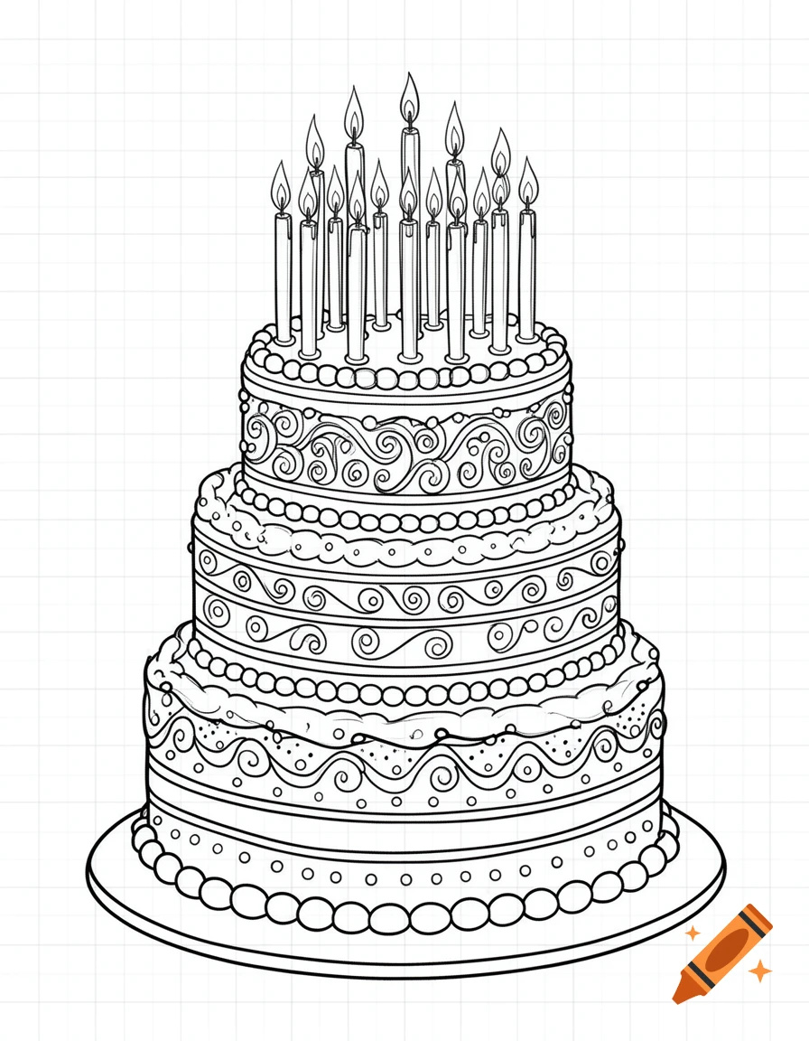 Black and white line art of a fancy three-tiered birthday cake with multiple lit candles on top, set against a subtle grid background.