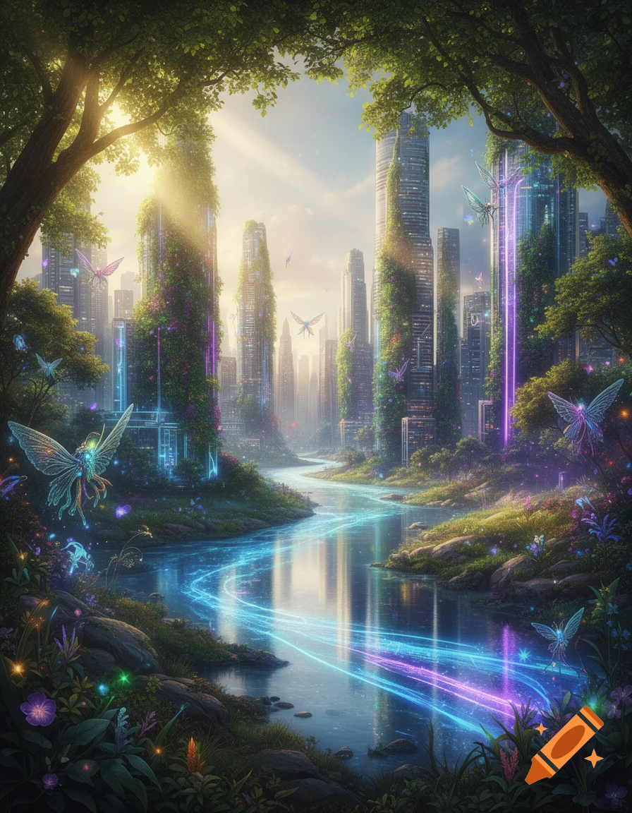 A vibrant fantasy cityscape with glowing river, lush green skyscrapers, and ethereal fairies flying under sunlight.