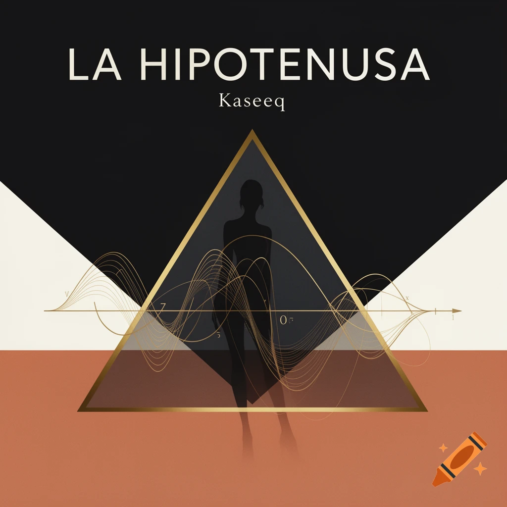 Minimalist album cover: gold triangle with a person's silhouette and waves, 'LA HIPOTENUSA' and 'Kaseeq' text on black, white, and terracotta.