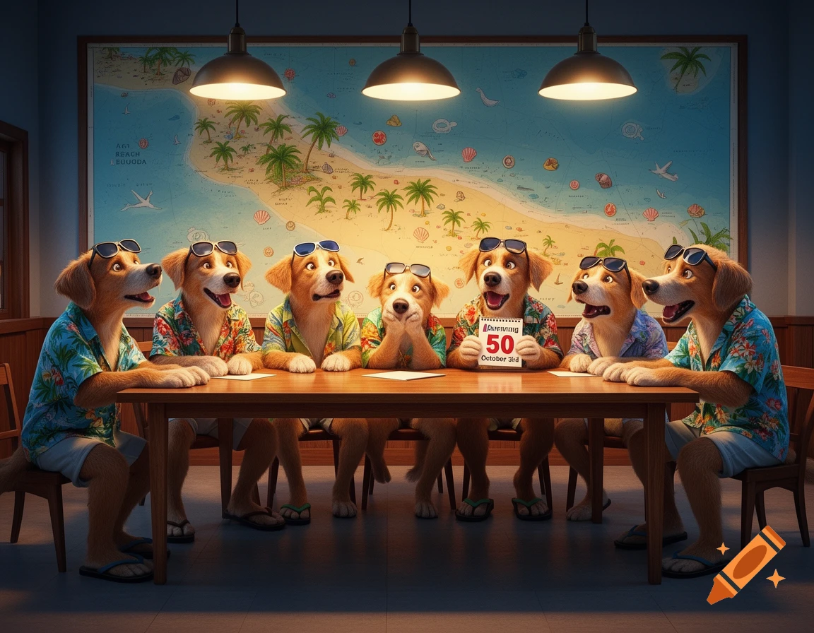 Six anthropomorphic dogs in Hawaiian shirts sit around a table with a calendar showing '50 October 3rd' and a beach map on the wall.