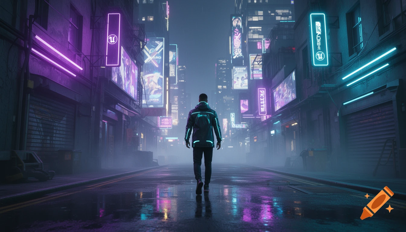 A lone person walks away on a wet cyberpunk street at night, lined with glowing purple and cyan neon signs reflecting on the asphalt.