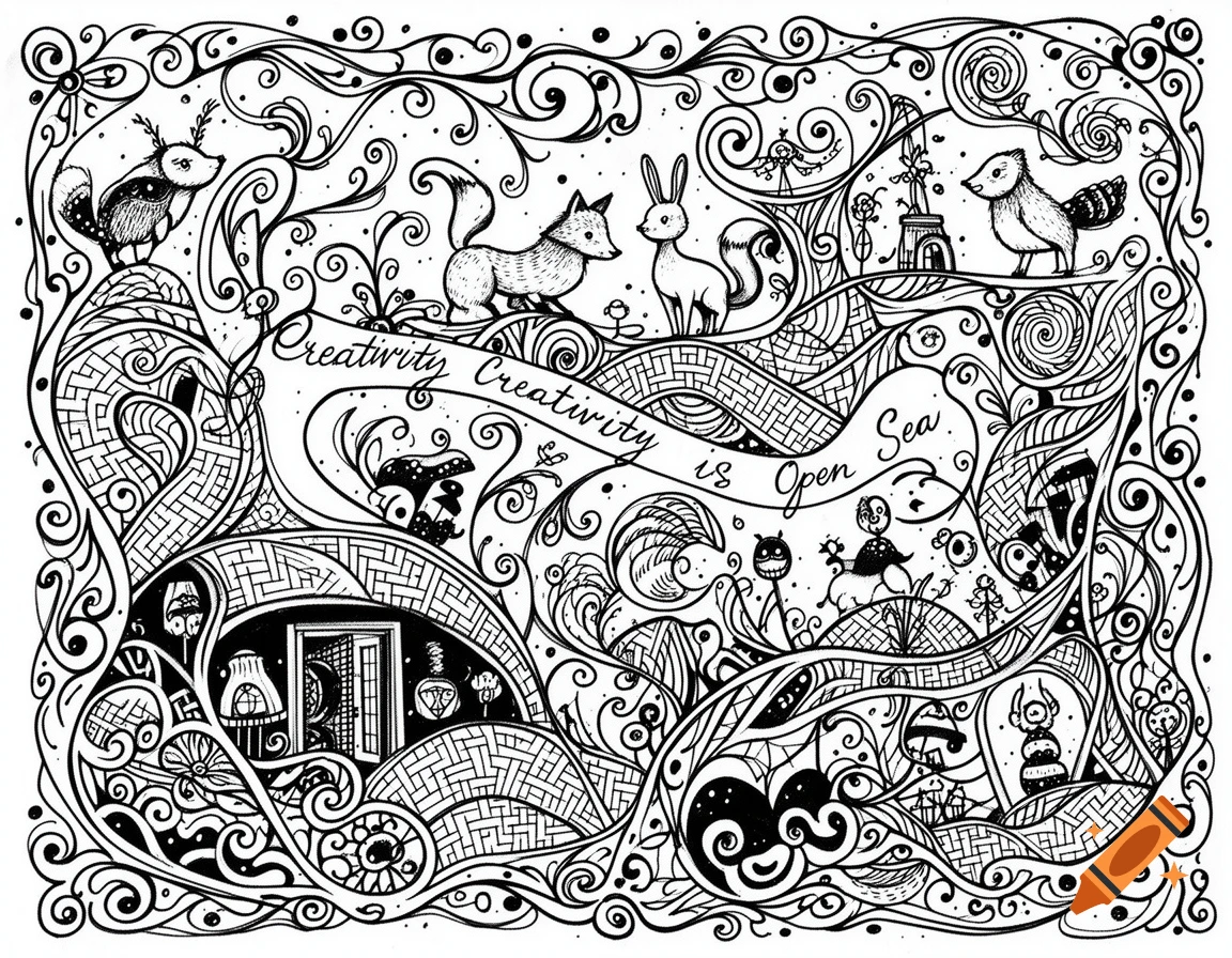 Intricate black and white doodle art featuring stylized animals, fantastical creatures, and swirling patterns, with the text 'Creativity Creativity is Open Sea' integrated into the design.