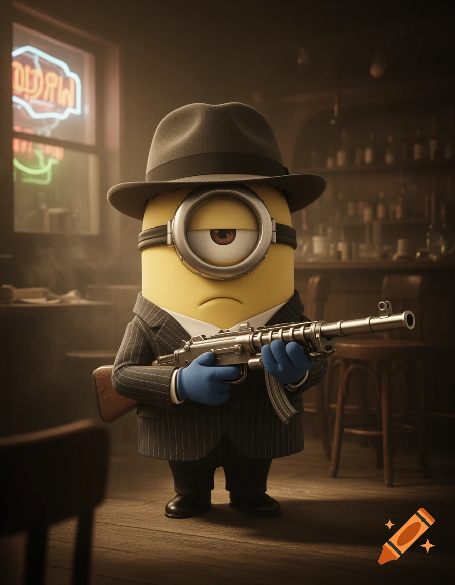 A stylized 3D render of an angry Minion dressed as a gangster, wearing a pinstripe suit and fedora, holding a submachine gun in a dimly lit bar.