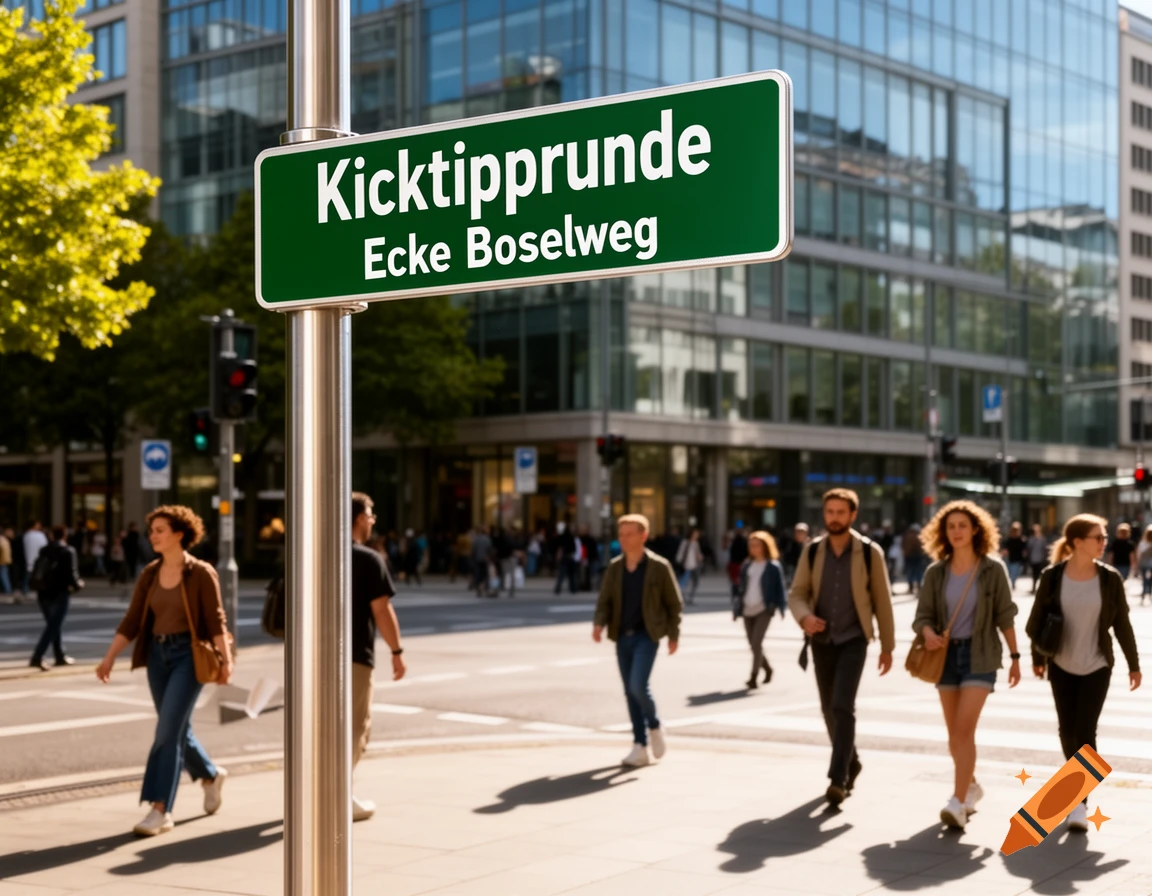 A photorealistic image of a sunny city street with pedestrians walking, dominated by a green street sign reading "Kicktipprunde Ecke Boselweg".