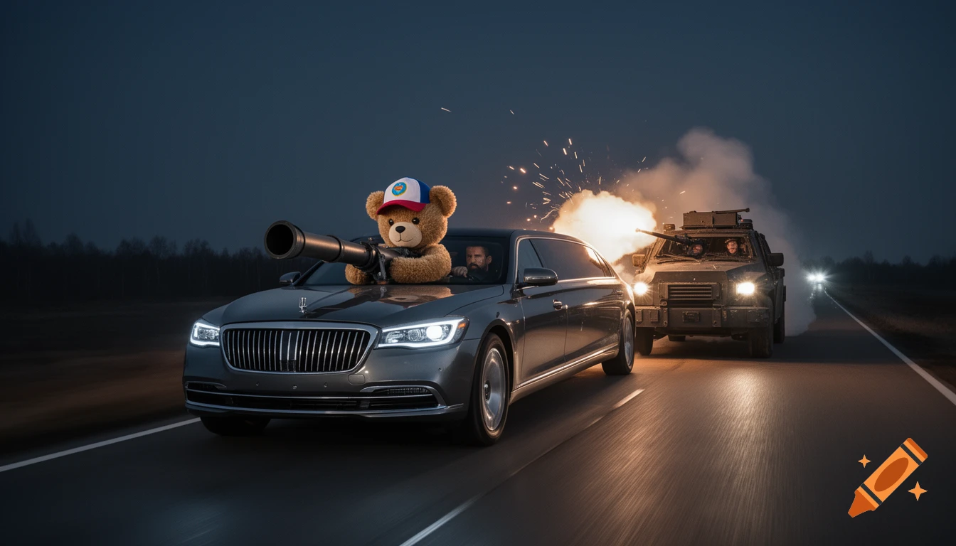 A teddy bear in a baseball cap fires a bazooka from the sunroof of a luxury limousine being chased by an armored SUV firing a machine gun at night, photorealistic.