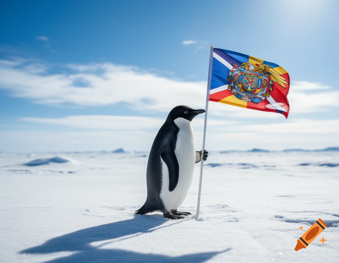 A photorealistic Adelie penguin stands on a vast snowy plain, holding a colorful flag with a coat of arms under a bright blue sky.