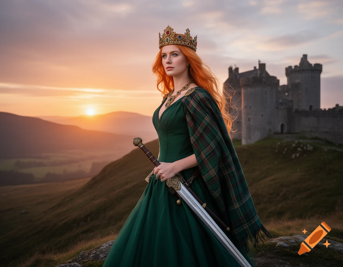 Red-haired Scottish queen in a green dress and tartan with a sword, on a hilltop overlooking a castle at sunrise.