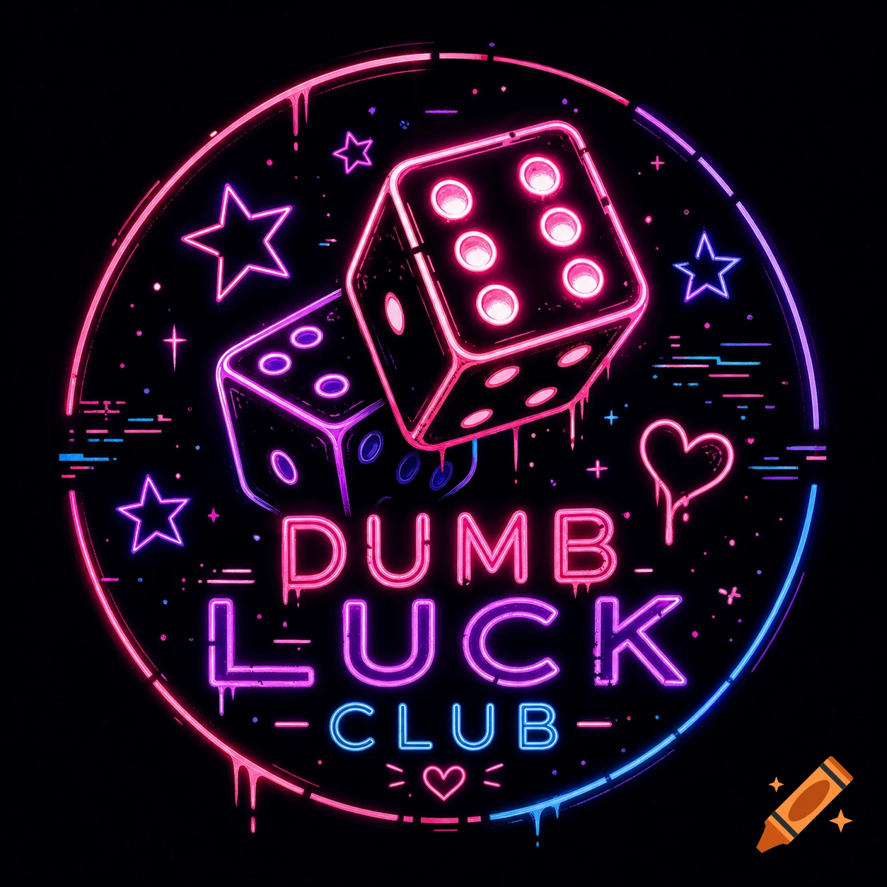 A dark neon-style logo featuring two glowing dice, stars, and the text "DUMB LUCK CLUB" in pink, purple, and blue neon lights with glitch details.