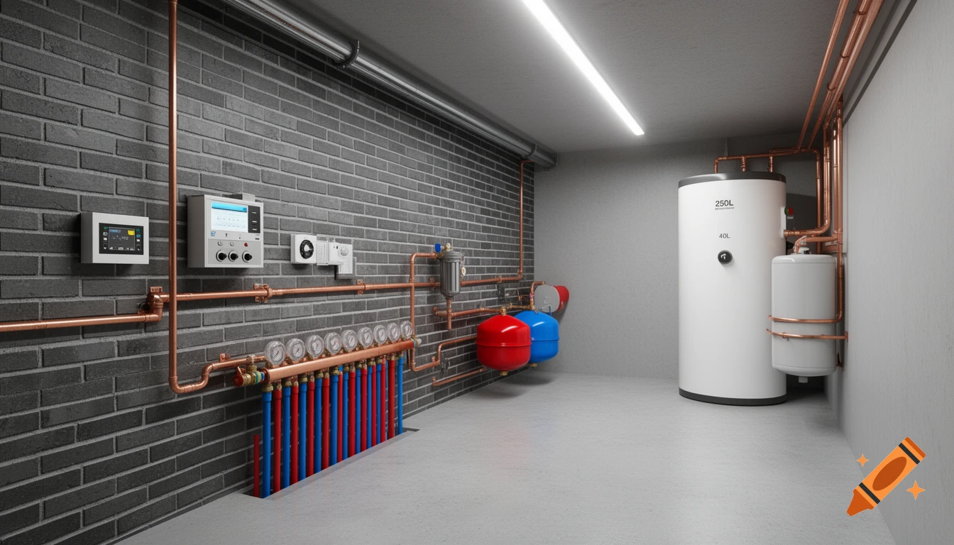 Photorealistic 3D render of a modern utility room with a dark brick wall, copper pipework, heating manifold, control units, and white 250L and 40L water tanks.