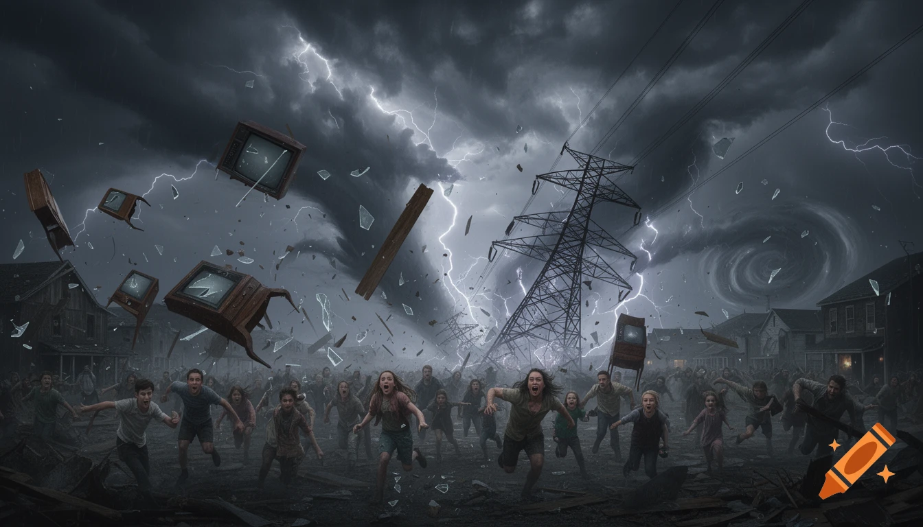 A chaotic scene unfolds as people run from a massive tornado and lightning storm, with houses breaking apart and debris flying everywhere.
