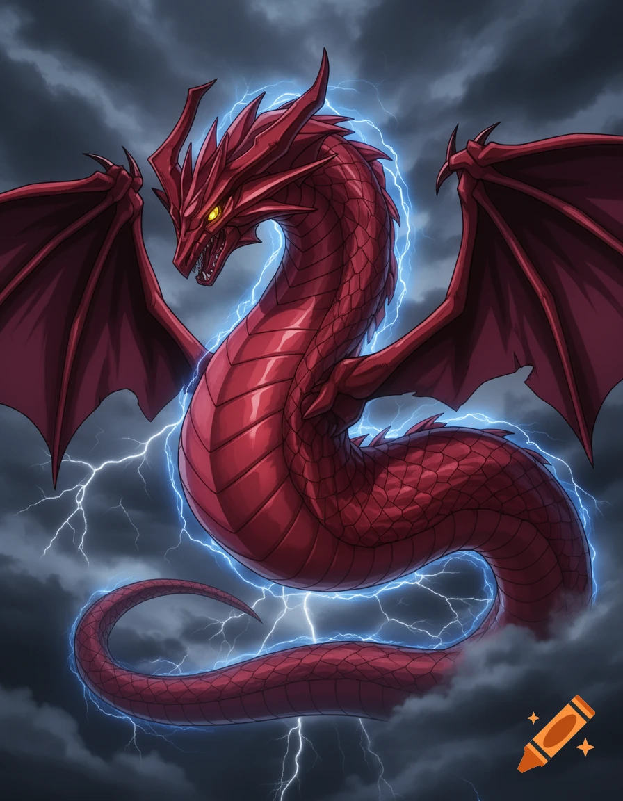 A majestic red dragon, with large wings and scales, is encircled by glowing blue lightning against a dark, stormy sky with white lightning bolts.