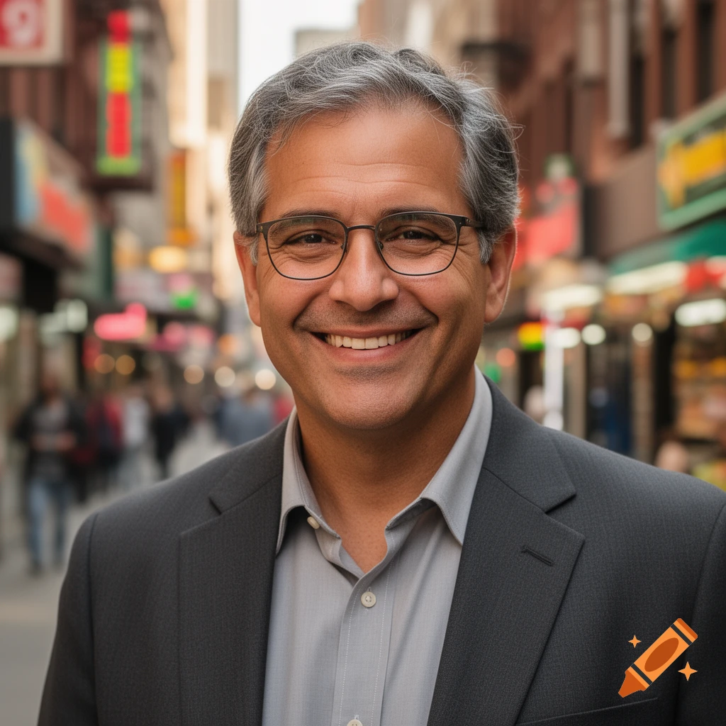Photorealistic portrait of a smiling middle-aged man with gray hair and glasses, wearing a suit, standing on a bustling city street.