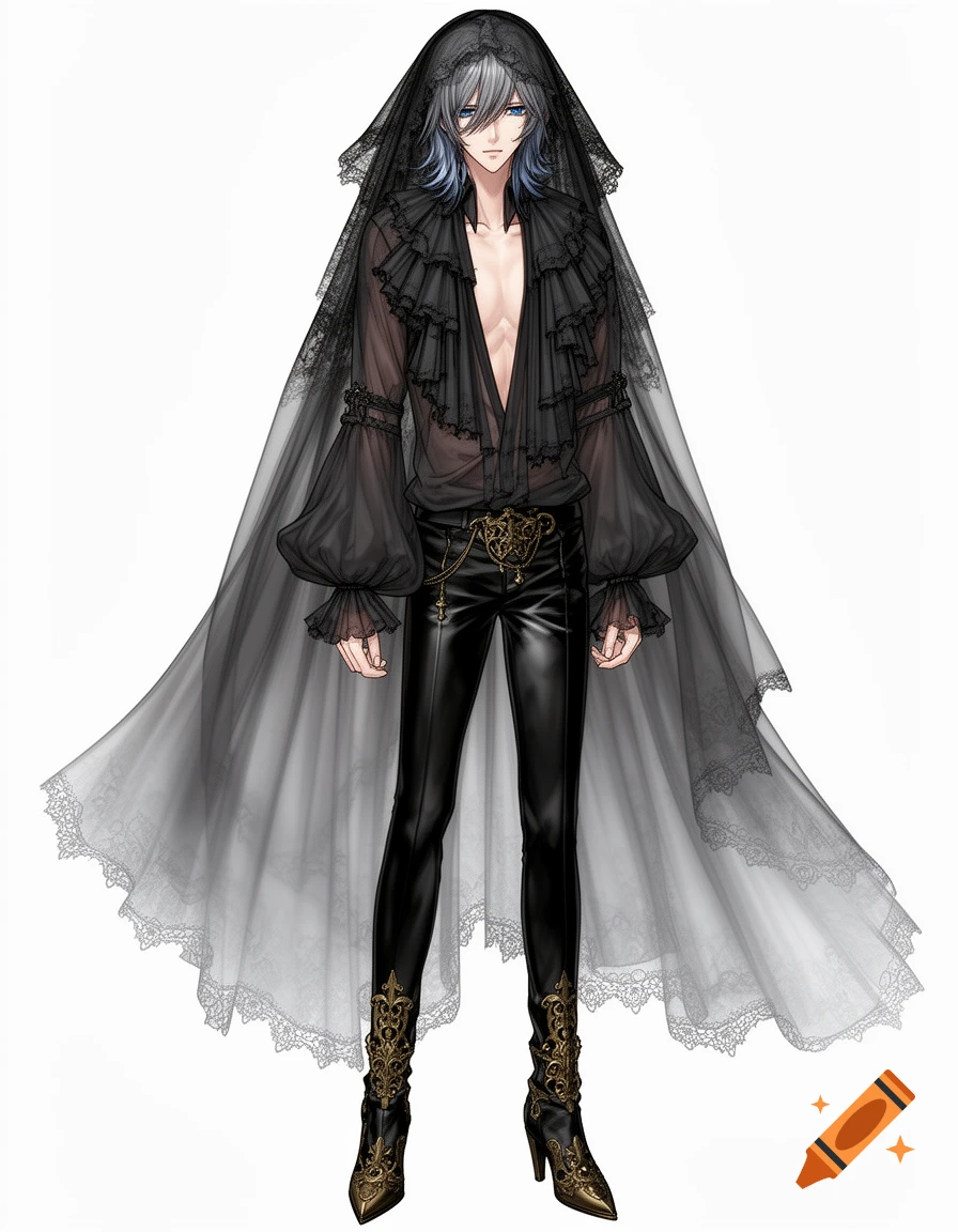 Anime-style young man in a flowing black sheer gothic outfit with a veil, exposed chest, and ornate gold boots.