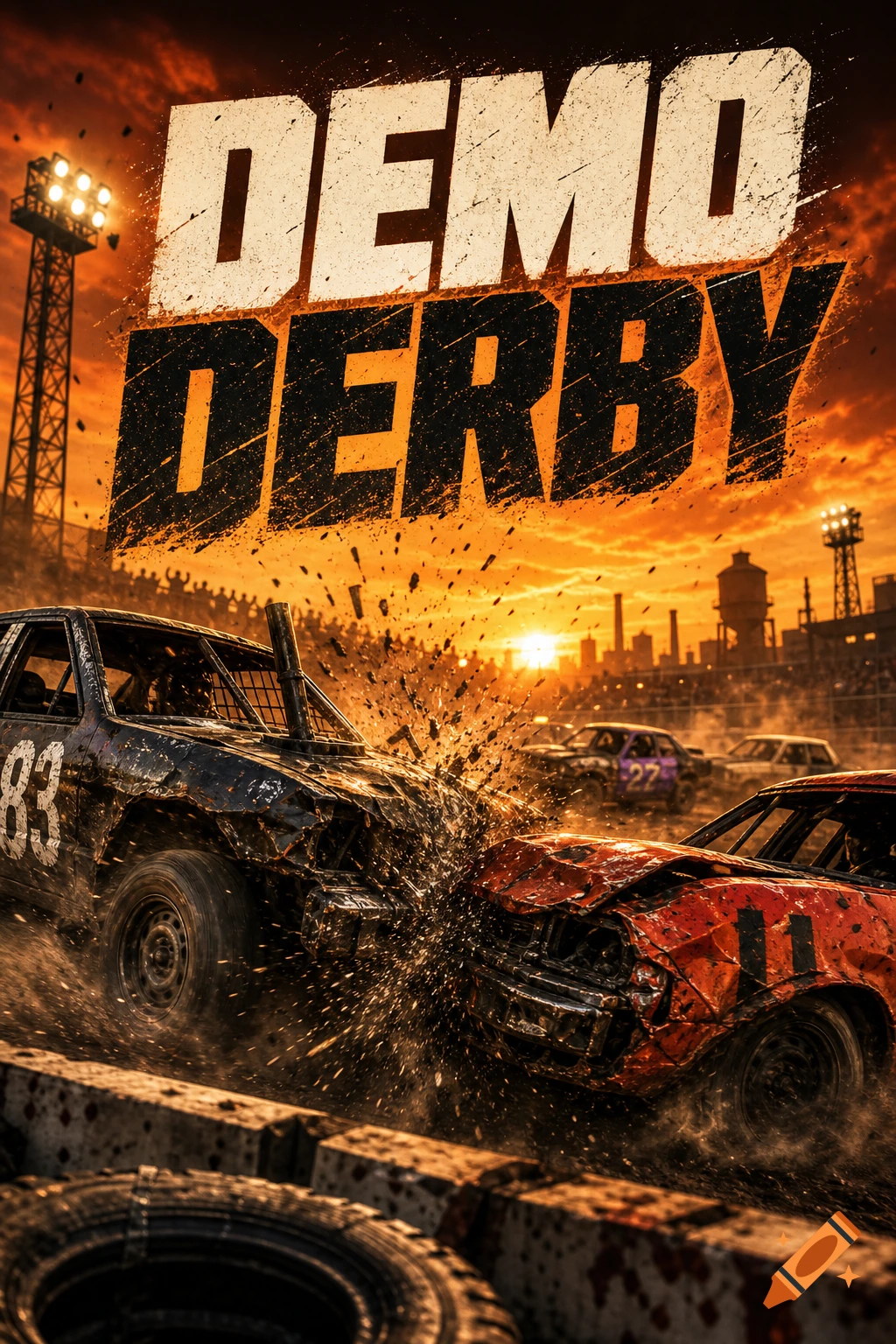 A high-octane photorealistic image of two battered cars crashing in a demolition derby with "DEMO DERBY" text overhead, against a fiery sunset.