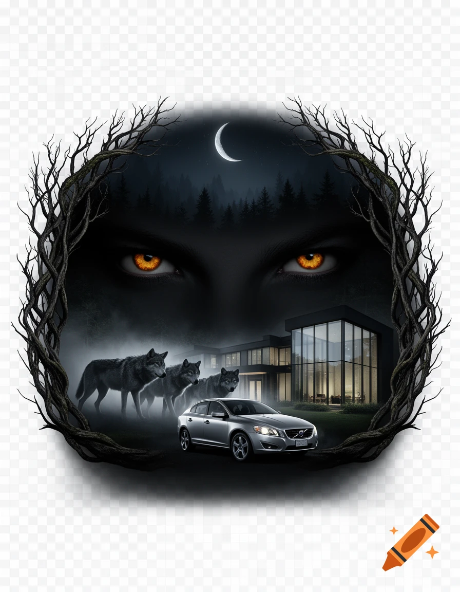 Stylized dark fantasy image with glowing orange eyes, bare tree branches forming a frame, a crescent moon over a dark forest, three wolves, a modern house, and a silver car on a transparent background.