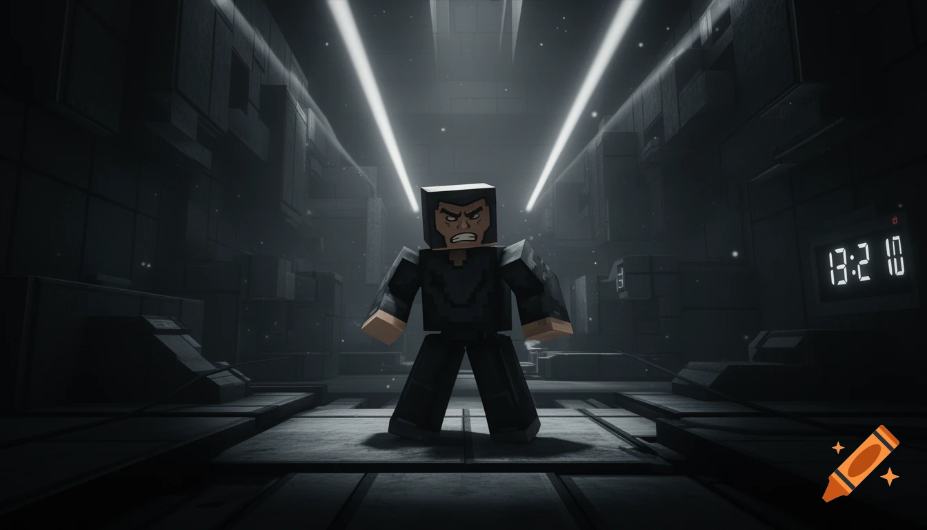 A blocky, Minecraft-style character with an angry expression stands in a dark, futuristic, industrial corridor with bright overhead lights and a digital clock showing '13:21 10'.