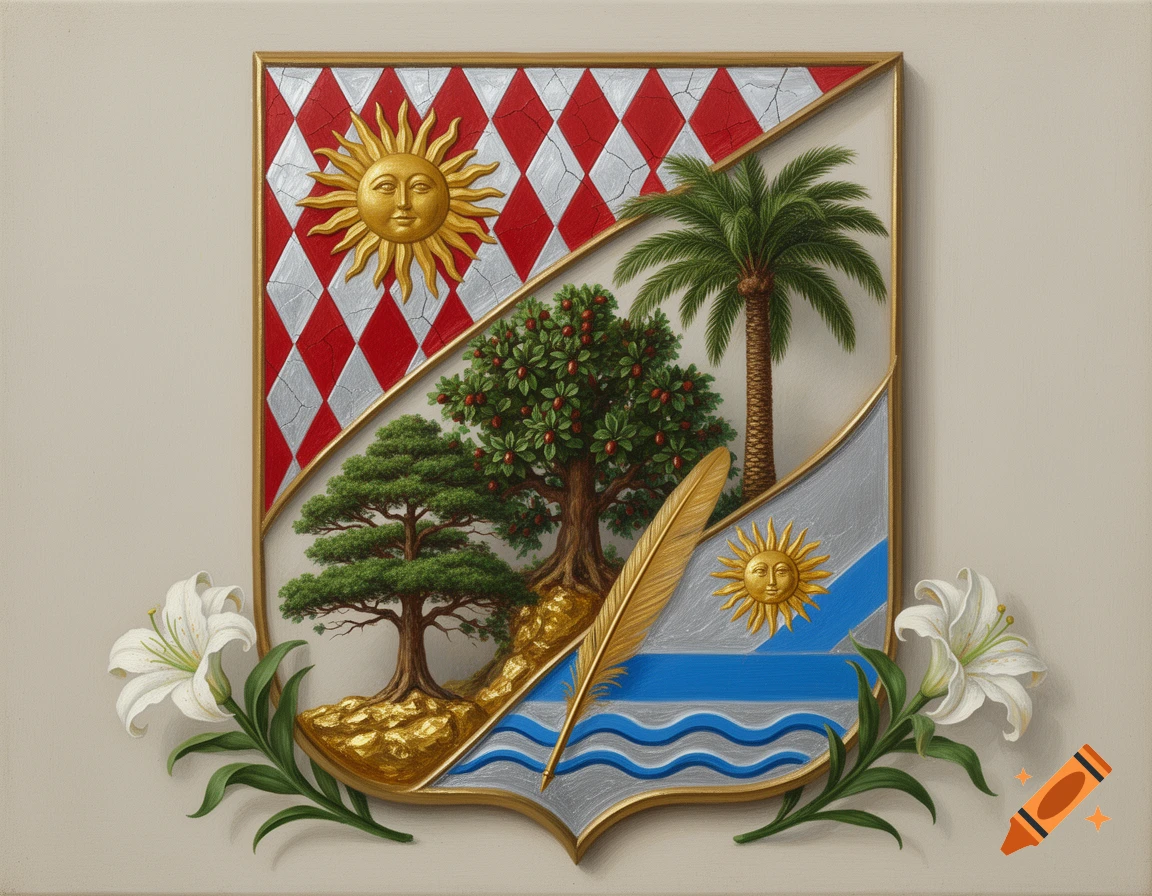 A traditional oil painting of a family coat of arms with red and silver diamond patterns, various trees, golden suns, a feather, and white lilies.