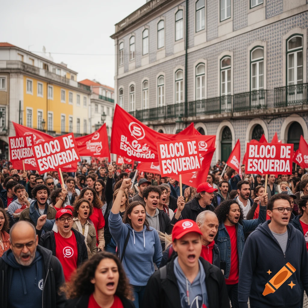 A photorealistic image of a large crowd of people marching in a city, holding red 'BLOCO DE ESQUERDA' signs and flags.