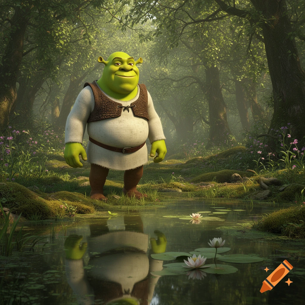 Shrek stands in a lush, green forest with a pond and lily pads in the foreground, his reflection visible in the water. 3D animation.