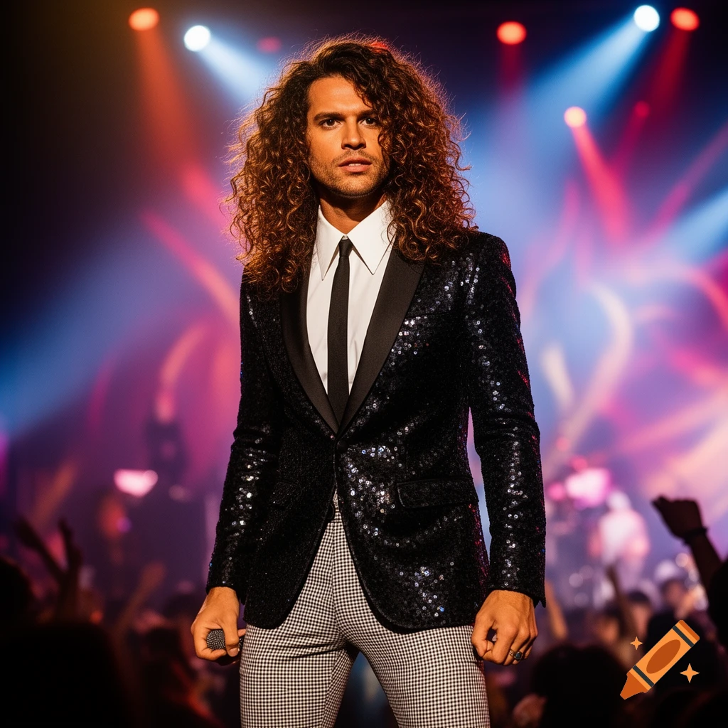 A man with long curly brown hair in a sequined blazer and checkered pants holds a microphone on a concert stage with colorful lights.