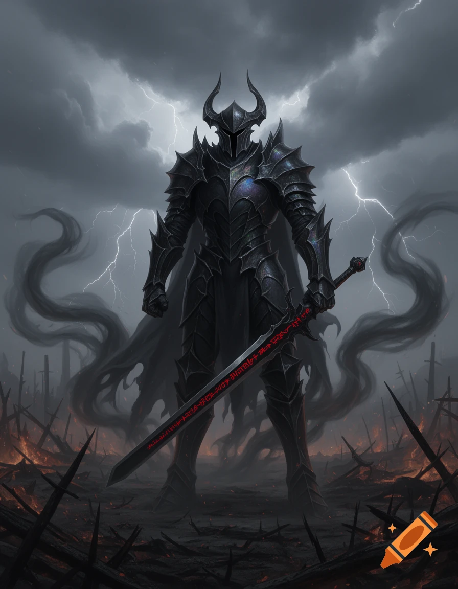 A dark armored fantasy villain with a horned helmet stands on a fiery battlefield under a stormy, lightning-filled sky, holding a large sword.