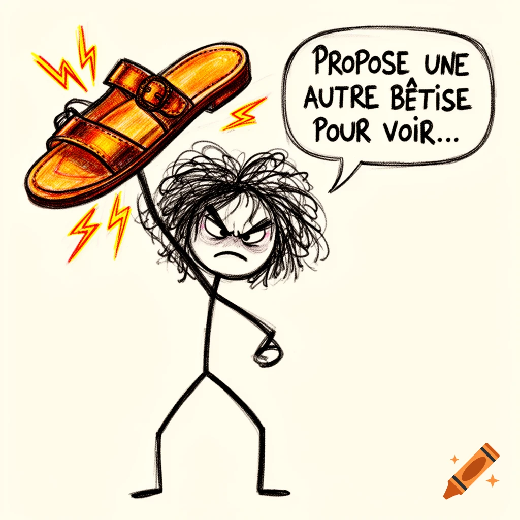 An angry stick figure character with messy hair holds a giant slipper above their head, ready to strike, with a speech bubble saying 'Propose une autre bêtise pour voir...'