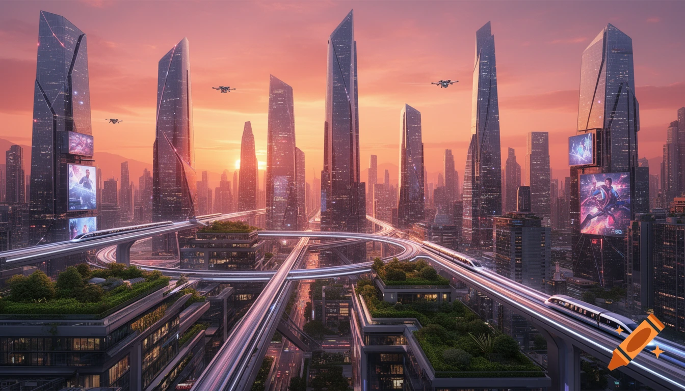 A vibrant futuristic cityscape at sunset with towering skyscrapers, elevated maglev trains, and drones flying above.