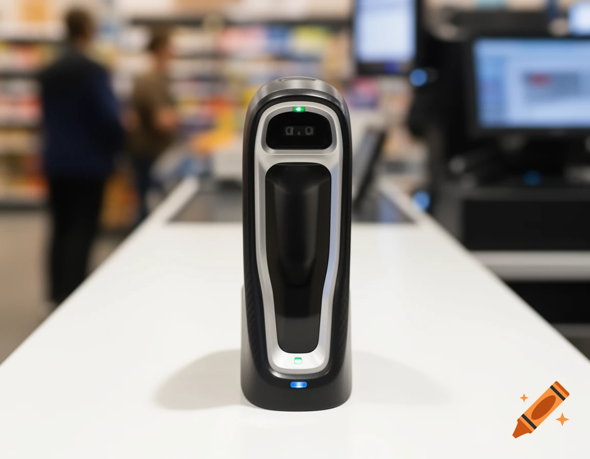 A photorealistic image of a black and silver barcode scanner with green and blue indicator lights on a white counter in a blurred retail store.