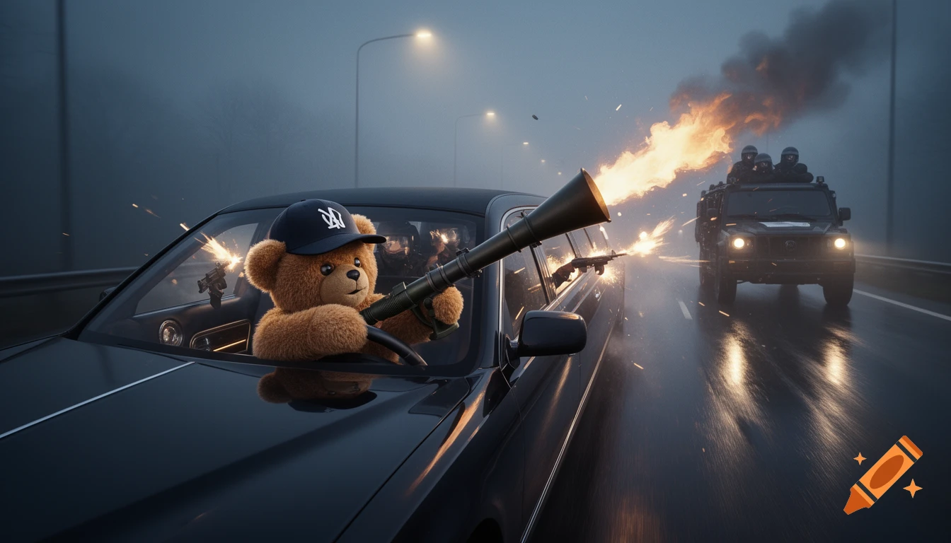 A teddy bear in a baseball cap drives a luxury car, firing a bazooka at an armored SUV carrying armed men, on a misty road.