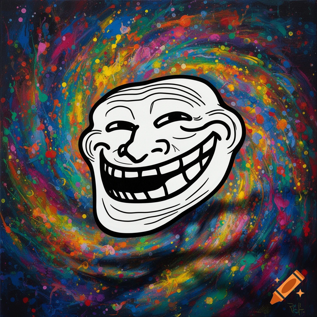 Troll face meme with a wide grin centered on a vibrant, swirling multi-color splash paint background.