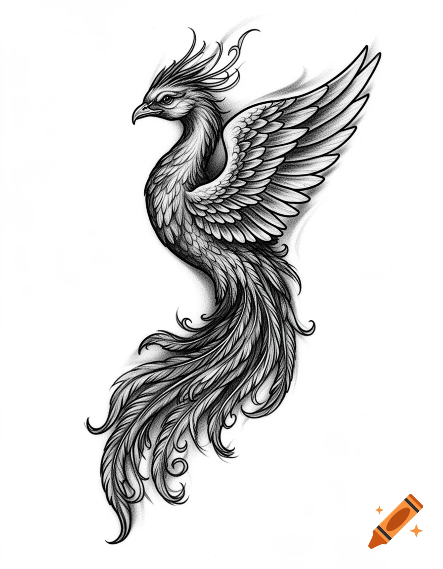 Black and white pencil drawing of a stylized phoenix with feathered wings and a long, flowing tail, looking left.