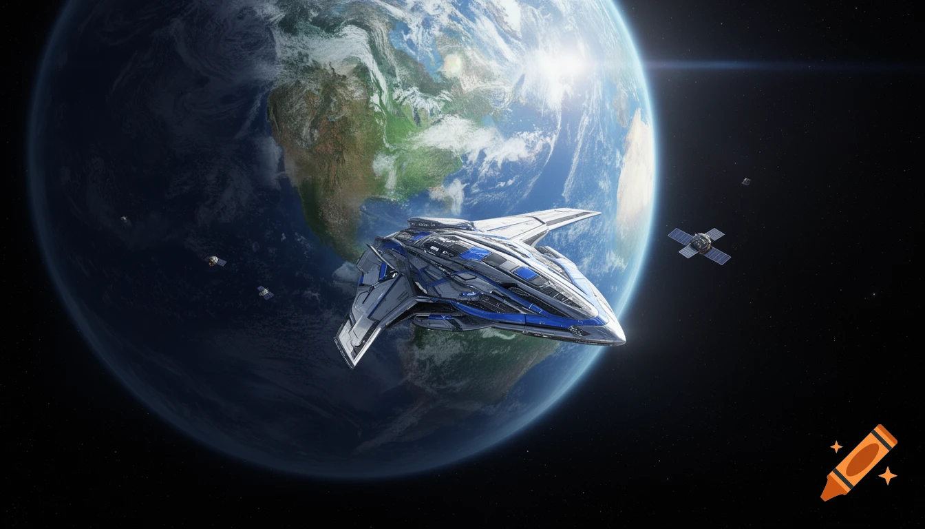 A sleek, futuristic blue and silver spaceship orbits a brightly lit Earth in outer space.