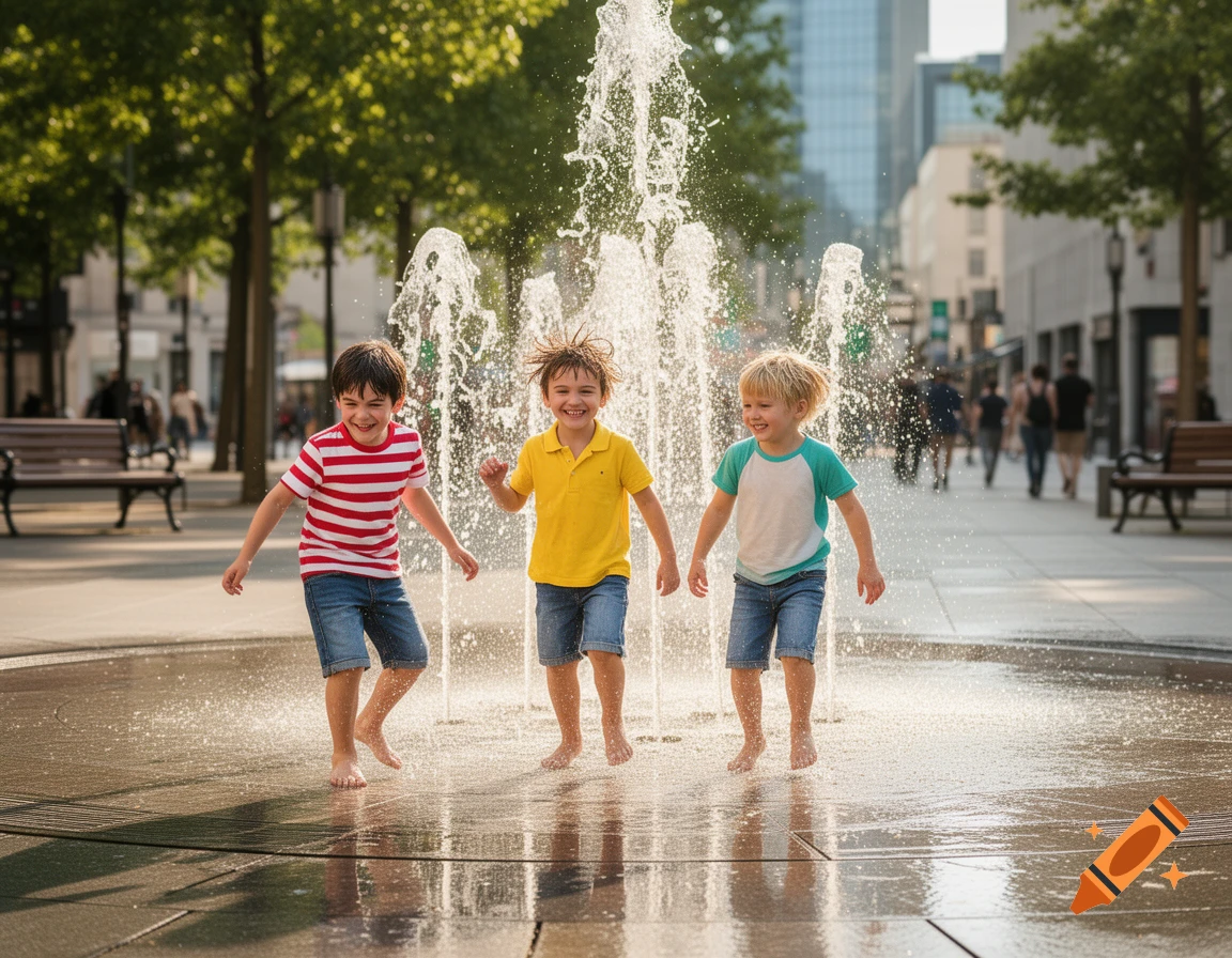 Three happy boys splash and play barefoot in a public water fountain on a sunny city street.