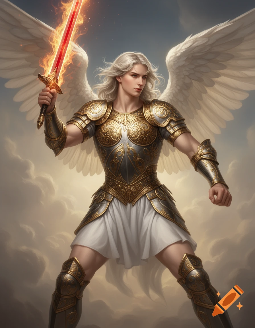 Hyper-realistic Saint Michael the Archangel with blonde hair, white wings, gold and silver armor, holding a flaming red sword against a cloudy sky.