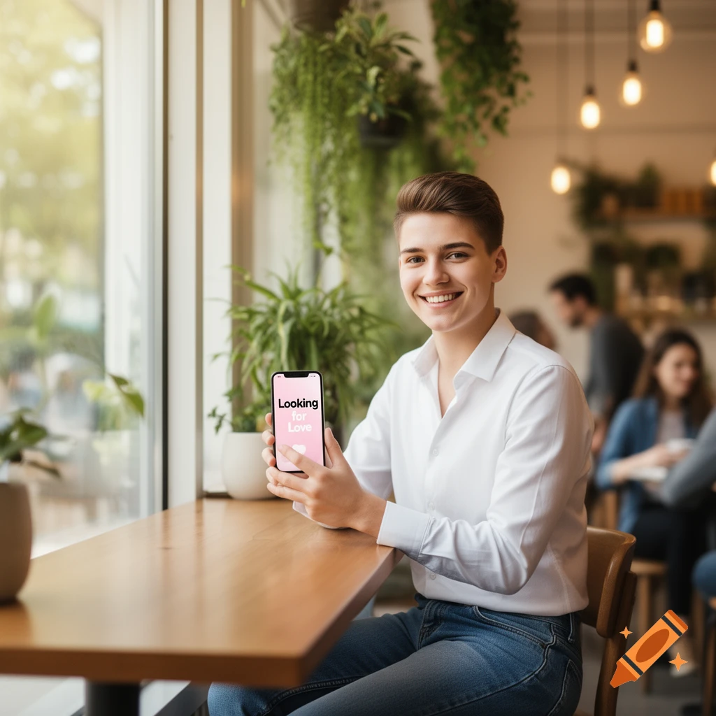 A smiling young person with short hair holds a smartphone displaying 'Looking for Love' in a brightly lit cafe.