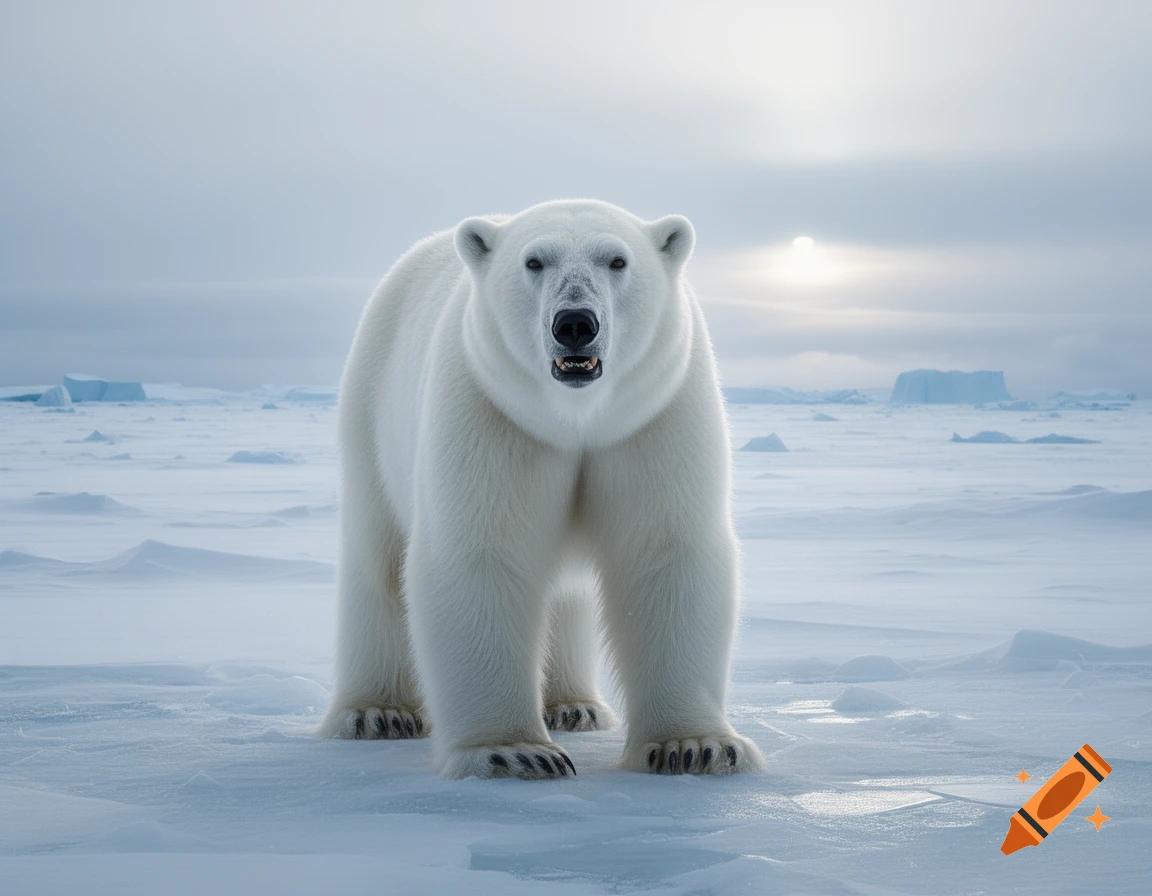 A photorealistic polar bear stands facing forward in a vast, icy arctic landscape under a bright, overcast sky with distant icebergs.