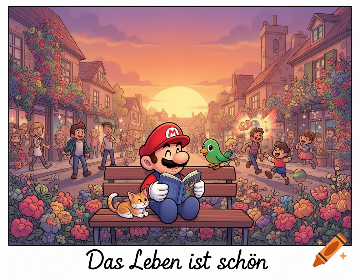 Cartoon Super Mario reads a book on a bench with a cat and bird in a vibrant, flower-filled town at sunset. Text: Das Leben ist schön.