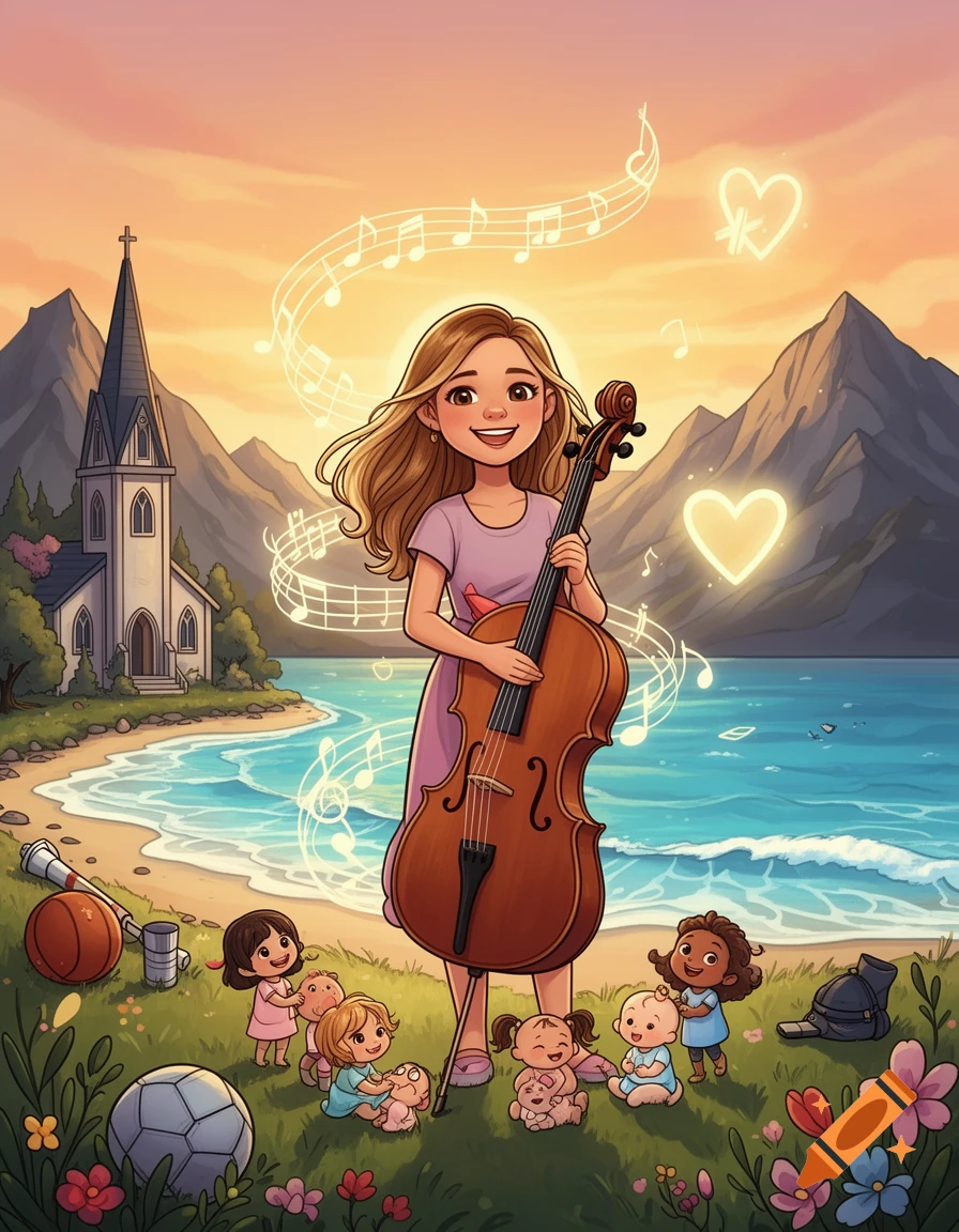 Cartoon illustration of a smiling girl playing cello outdoors near a church, beach, and mountains, surrounded by babies and sports equipment at sunset.