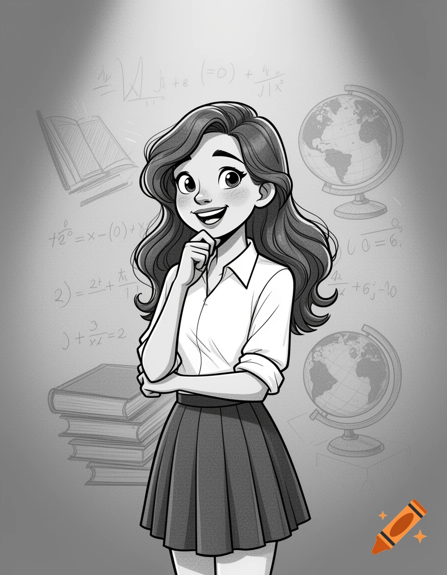 A black and white cartoon of a smiling female student in a white shirt and pleated skirt, with math equations, globes, and books in the background.