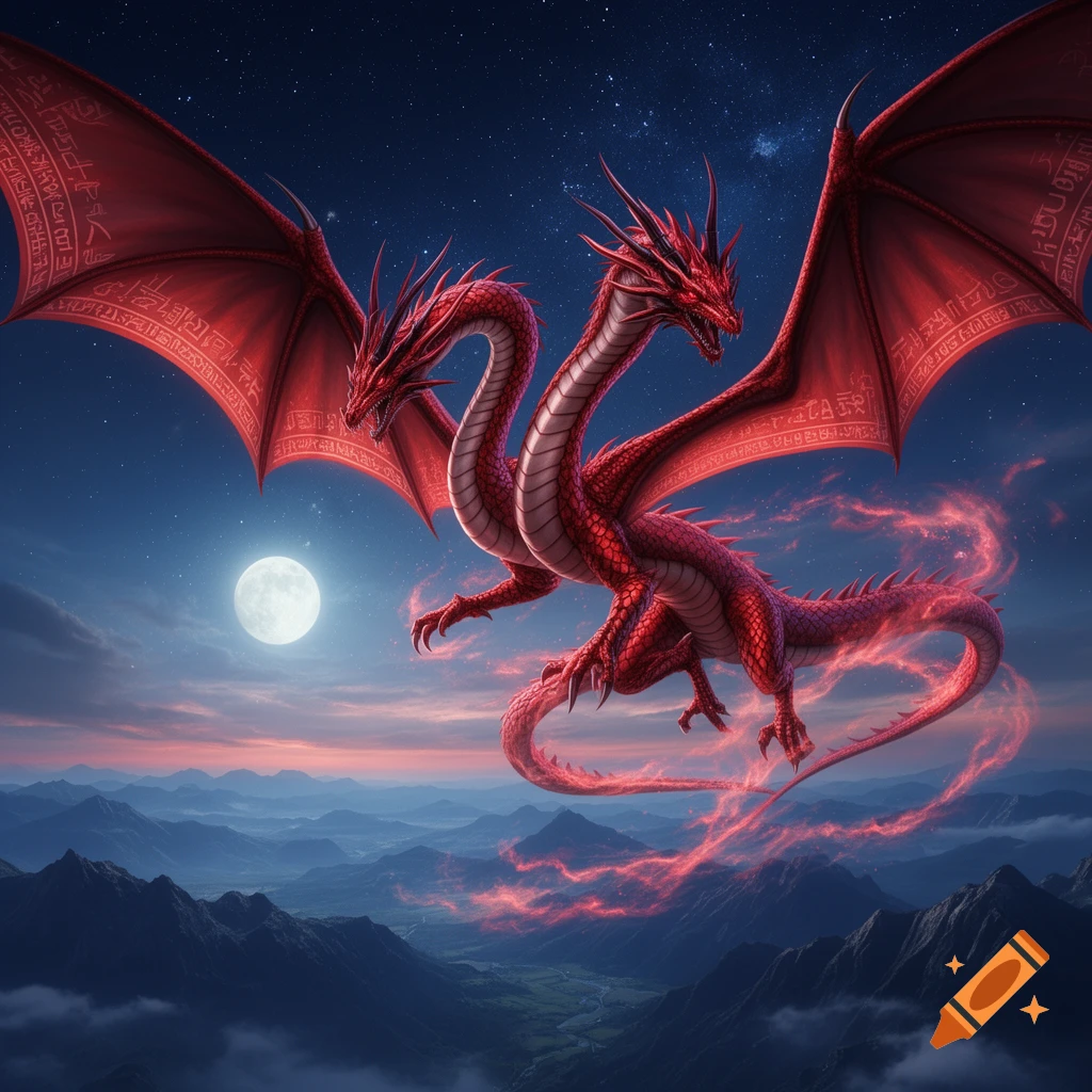 A majestic red two-headed dragon with patterned wings flies over misty mountains under a starry, moonlit sky.