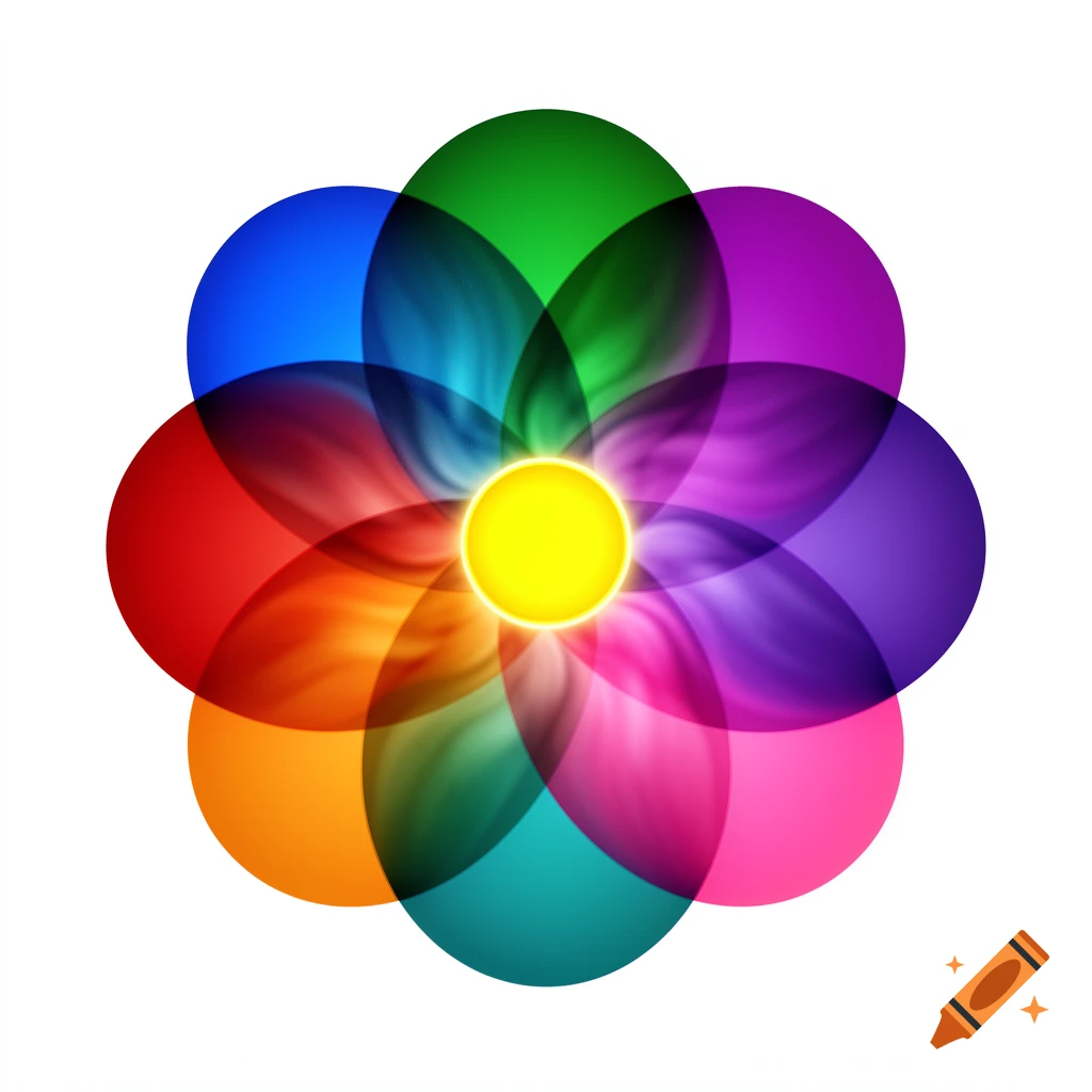 A vibrant, abstract design with nine overlapping, translucent colored circles forming a flower-like shape around a glowing yellow center.