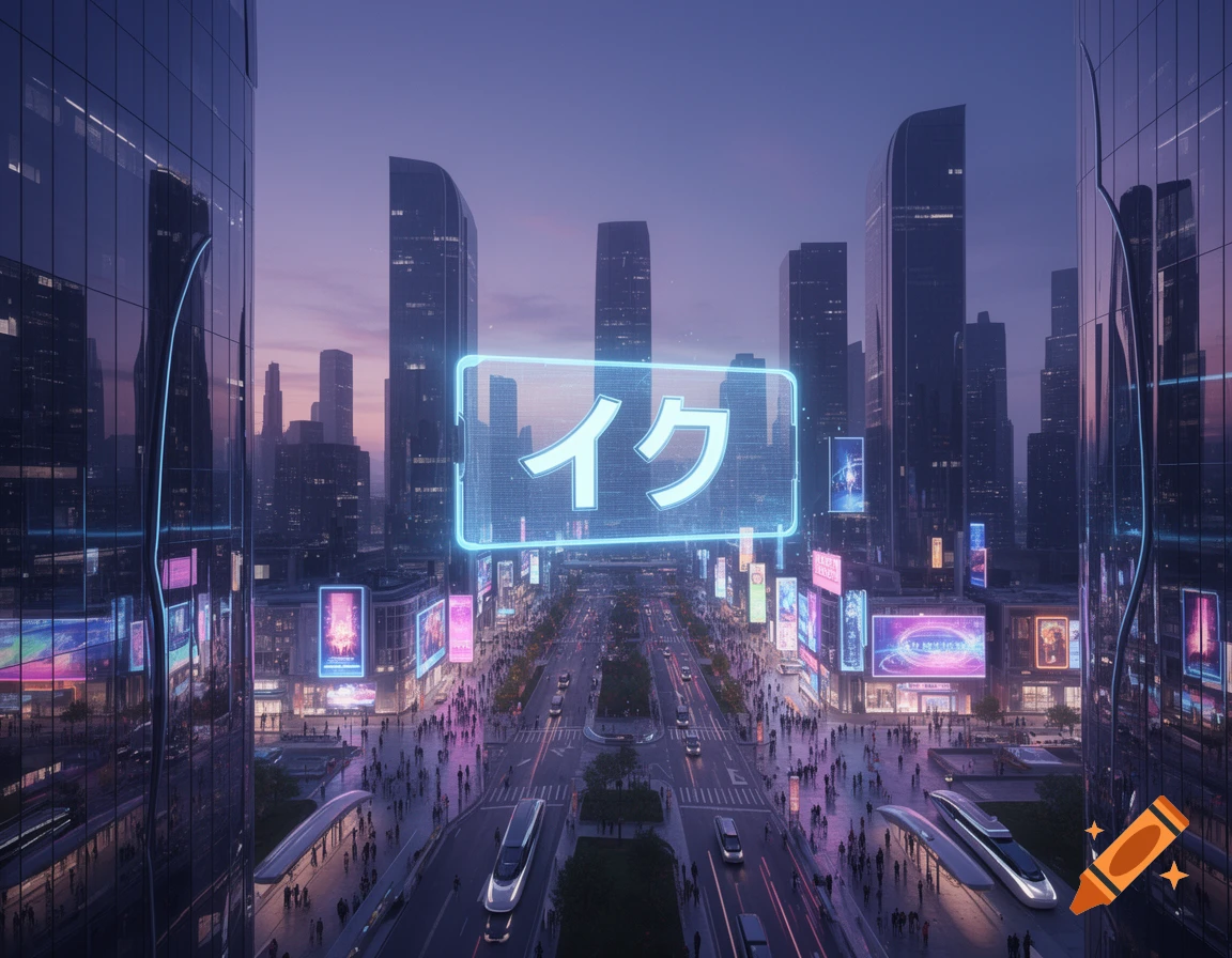 A futuristic cityscape at dusk with towering glass skyscrapers and a wide, busy street below, featuring a large, glowing neon sign with Japanese characters.