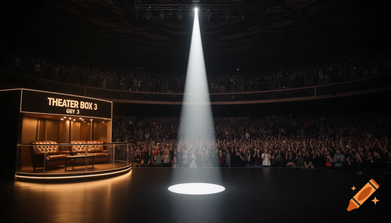 Photorealistic wide-angle shot of a dark theater with a single spotlight on an empty stage, a large crowd, and a VIP box.