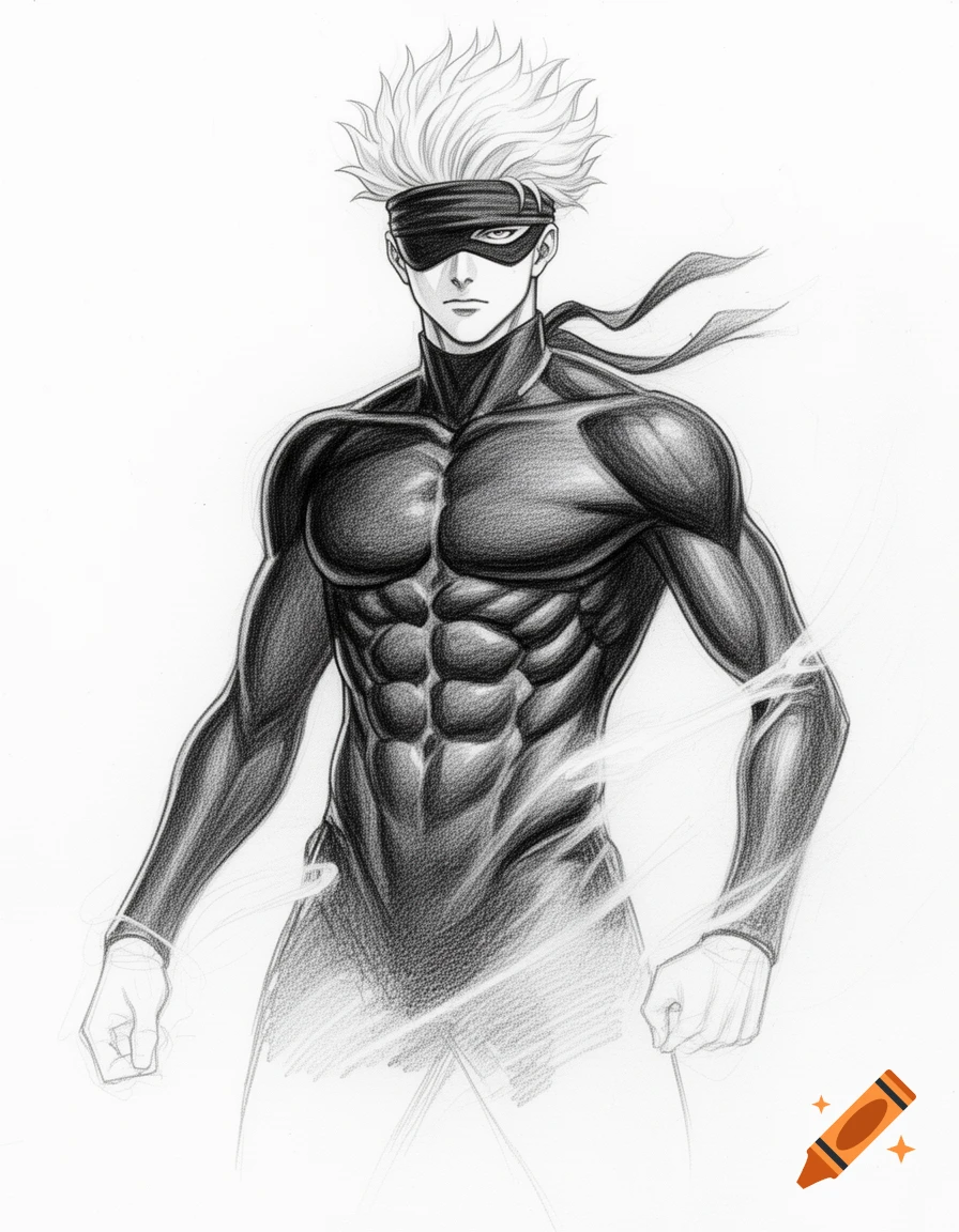 Pencil drawing of Gojo Satoru, a muscular anime character with spiky white hair and a blindfold, wearing a tight black suit.
