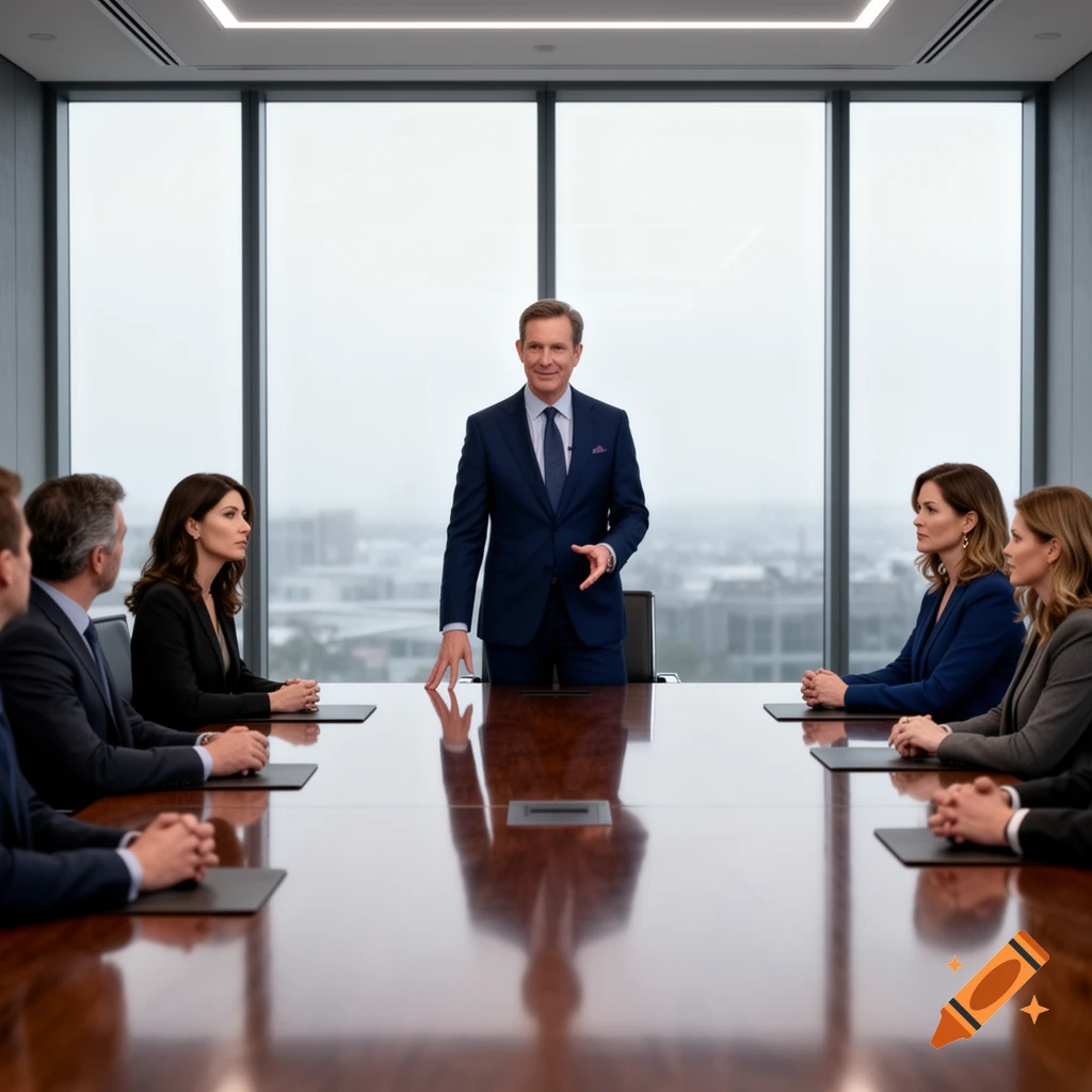 A man in a suit stands at a conference table, addressing seated professionals in a modern office with city views.