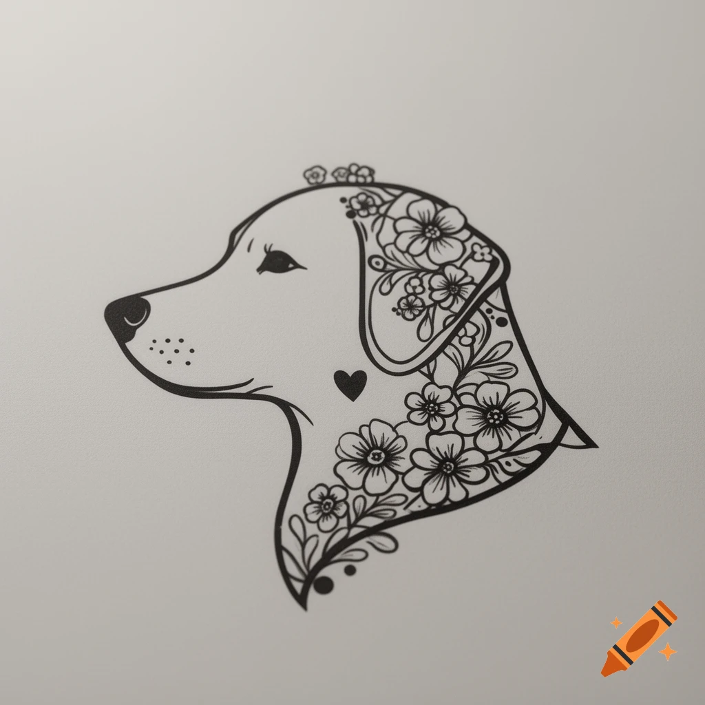 A black line art silhouette of a dog's head, adorned with floral patterns and a small heart on a white background.