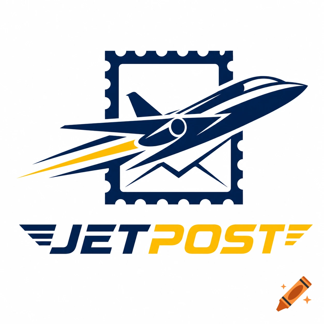 A blue and yellow logo featuring a stylized jet airplane flying over a postage stamp icon, with the word "JETPOST" below.