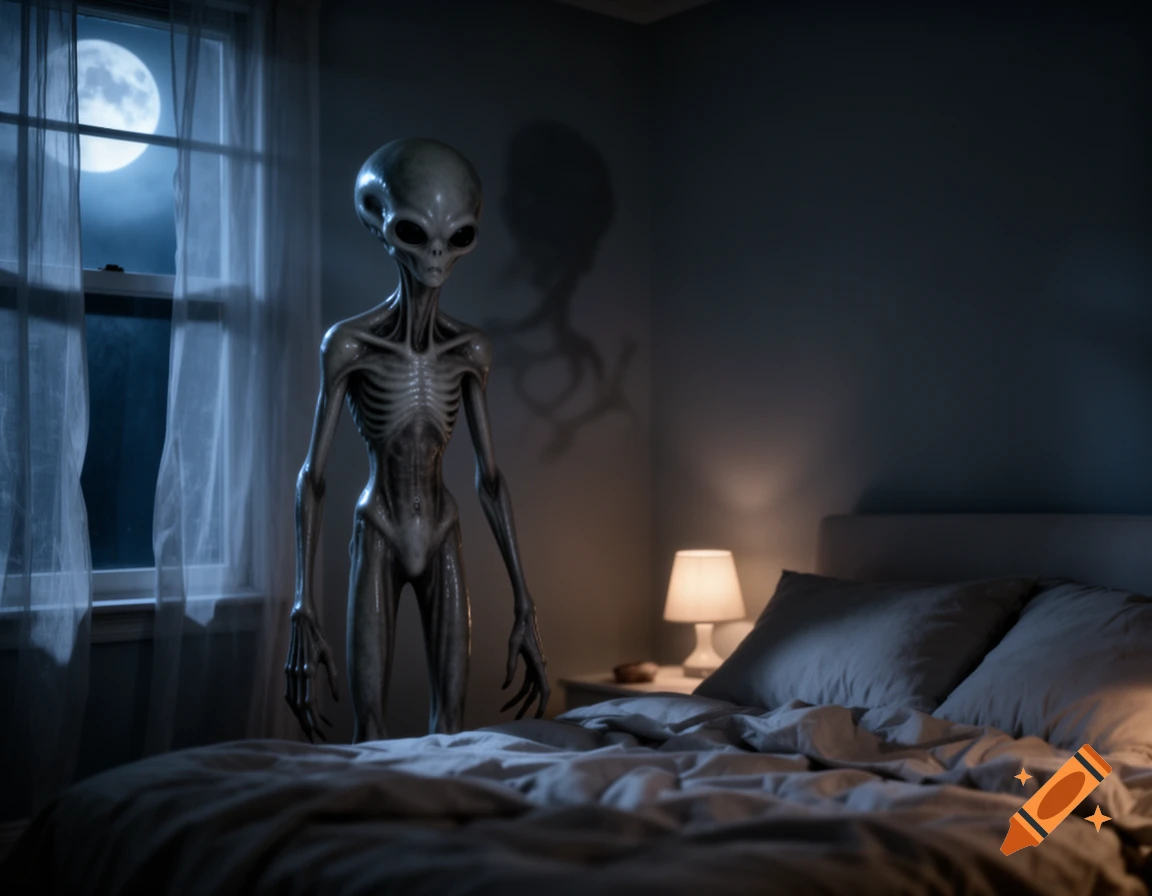 Photorealistic image of a gaunt grey alien standing at the foot of a bed in a dark bedroom, lit by moonlight.