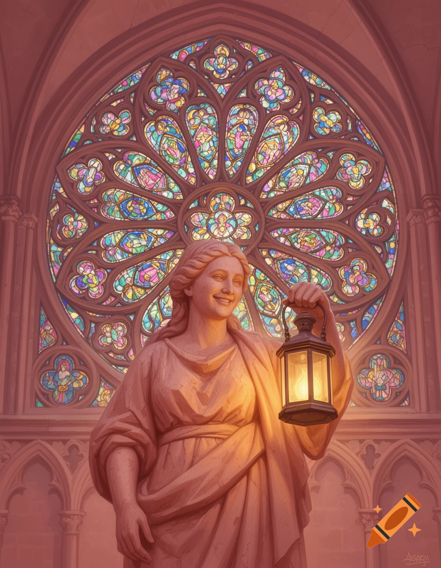 Joyful statue of a woman holding a glowing lantern in a cathedral with a colorful stained glass rose window behind her.
